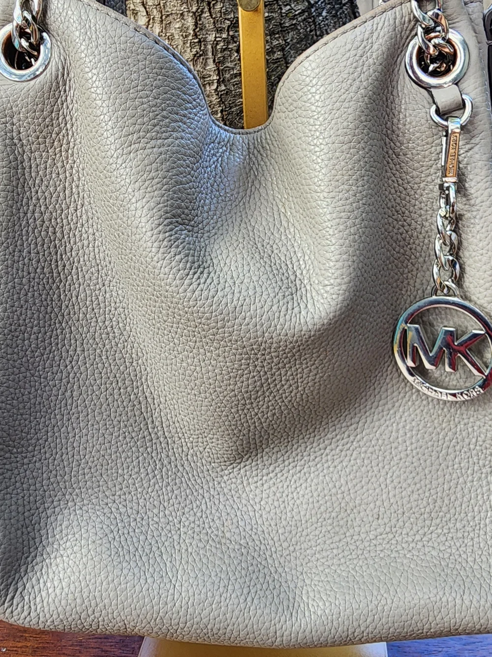 Michael Kors Gray Pebbled Leather Chain Shoulder Bag Hobo Tote Purse